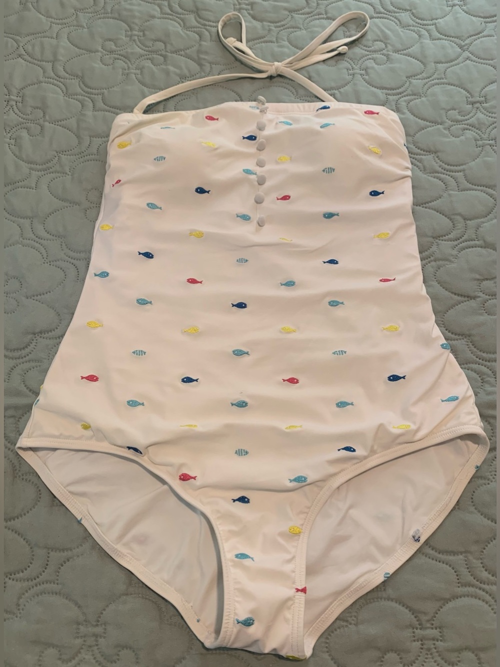 Lilly Pulitzer White One Piece Swimsuit Halter Embroidered Multi Color Fish M